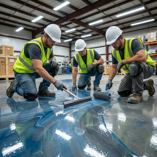 Equipe Shekel Engenharia aplicando piso epóxi industrial